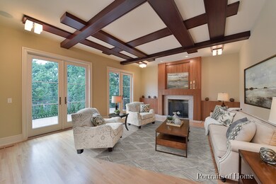 Family room with view of fireplace and french door