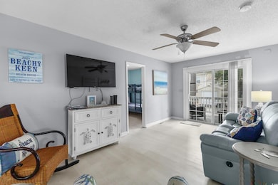 Living room featuring ceiling fan, light wood-style flooring, a textured ceiling, and baseboards