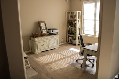 Office featuring light colored carpet and baseboards