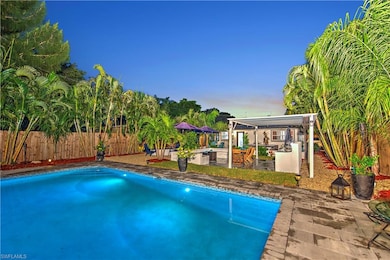 Pool at dusk featuring a patio area