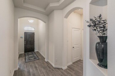 Foyer entrance featuring dark wood-type flooring