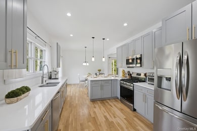 Kitchen with appliances with stainless steel finishes, gray cabinets, a peninsula, a sink, and light wood-style floors
