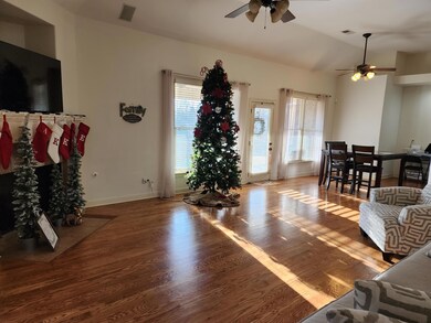 Living room with ceiling fan, wood-type flooring, 