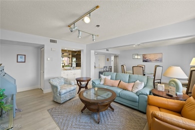 Living room with light wood finished floors, a tex