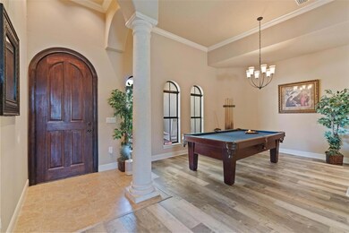 Entrance to formal dining/living. Current billards room. Crown molding, pilar, decoratice door.