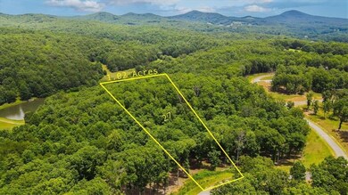 Aerial view Lot 27 and surrounding area with a heavily wooded area and property parcel outlined