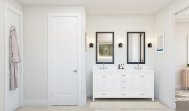 Primary bath with freestanding vanity