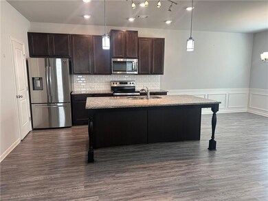 Kitchen featuring dark wood-style flooring, a sink