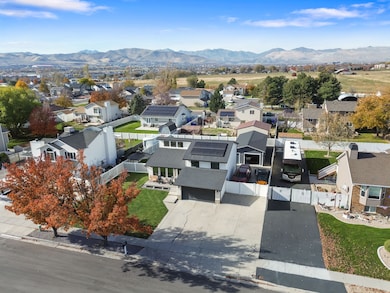 Aerial perspective of suburban area featuring mountains