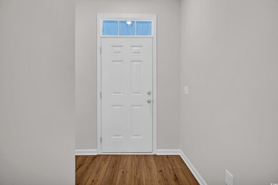Entrance foyer with baseboards and wood finished floors