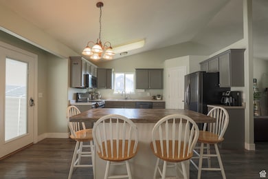 Kitchen with gray cabinets, dark wood-type flooring, decorative light fixtures, stainless steel appliances, and lofted ceiling