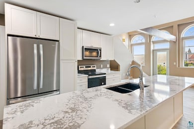 Kitchen featuring light wood-type flooring, appliances with stainless steel finishes, a healthy amount of sunlight, and sink
