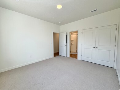 Unfurnished bedroom with ensuite bath, carpet flooring, a closet, and a textured ceiling