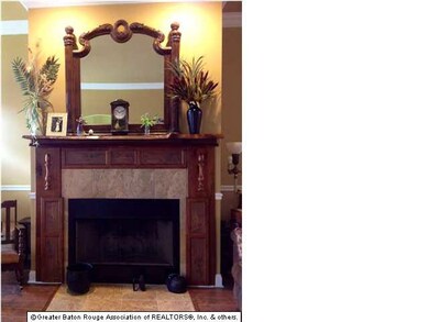 Fireplace in the living room with unusual mantle a