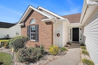 Doorway to property featuring brick siding and roof with shingles