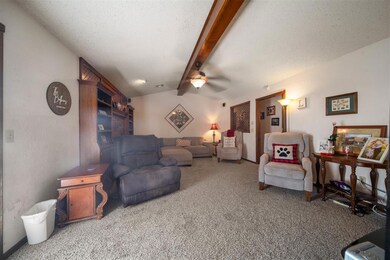 Carpeted living room with a textured ceiling, loft