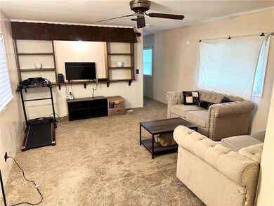 Living room with light carpet and ceiling fan