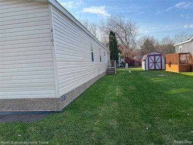 View of green lawn with a storage shed