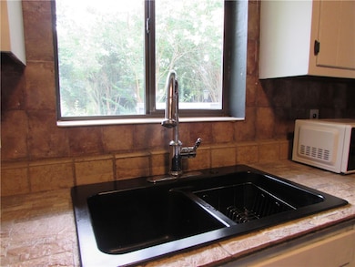 Nice double sink in the kitchen looking out to the