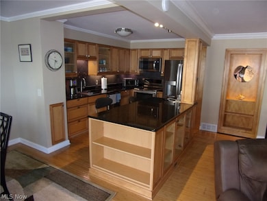 Kitchen with a center island, stainless steel appliances, light hardwood / wood-style floors, sink, and ornamental molding