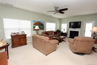 Abundance of natural light in this family room.   Neutral carpet , gas logs fireplace