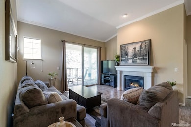 Living room features a cozy gas fireplace and soaring ceilings.