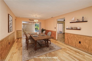 Dining room featuring wainscoting, light wood finished floors, a chandelier, and a ceiling fan
