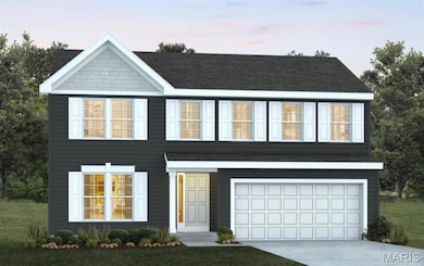 View of front facade with concrete driveway, an attached garage, a front yard, and a shingled roof