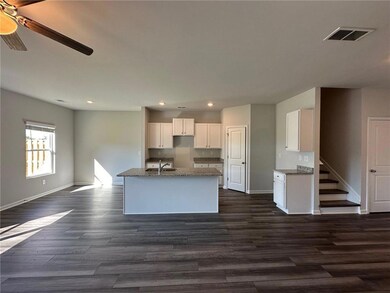 Kitchen featuring dark wood-type flooring, white cabinets, baseboards, and visible vents