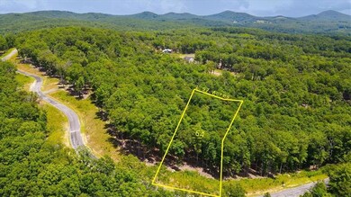 Aerial view Lot 64 and surrounding area with a heavily wooded area and property parcel outlined