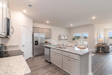Kitchen featuring stainless steel appliances, a sink, gray cabinetry, wood finished floors, and open floor plan