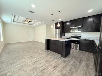 Kitchen with appliances with stainless steel finishes, dark cabinetry, a tray ceiling, baseboards, and light wood-style floors