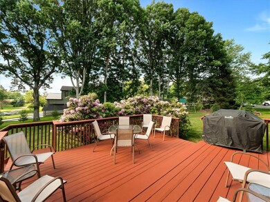 The deck is off of the family room and overlooks t