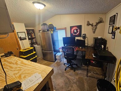 Carpeted bedroom with a textured ceiling, lofted c