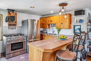 Kitchen with stainless steel appliances, hanging l
