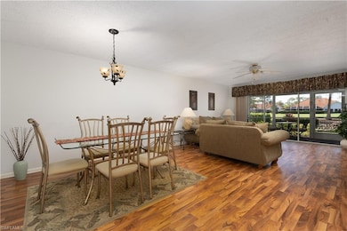 Dining area featuring a textured ceiling, ceiling fan, dark wood-type flooring, and a chandelier
