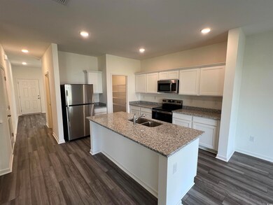 Kitchen with dark wood-type flooring, an island wi