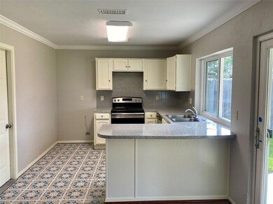 Kitchen with kitchen peninsula, sink, white cabine