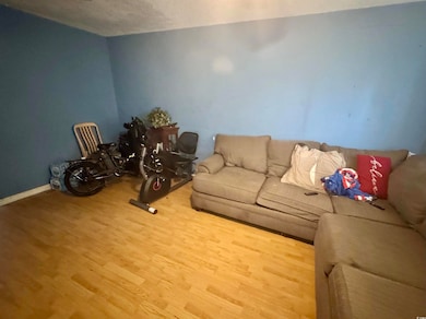 Living room with wood finished floors and a textured ceiling