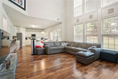 Living room featuring a high ceiling, dark wood finished floors, and healthy amount of natural light