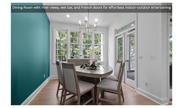 Dining space with a chandelier, wood finished floors, and recessed lighting