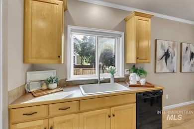 Kitchen featuring dishwasher, ornamental molding, light brown cabinetry, and light countertops