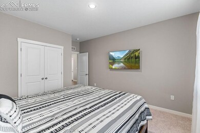 Carpeted bedroom featuring a closet, baseboards, a