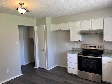 Kitchen featuring white cabinets, stainless steel electric range, a textured ceiling, and dark wood-type flooring