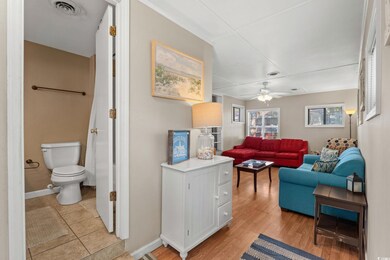Living room featuring a ceiling fan and light wood-type flooring