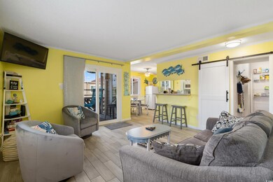 Living room with a barn door, ceiling fan, light h