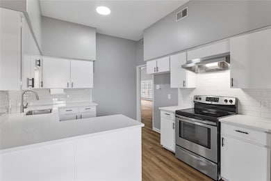 Kitchen with stainless steel range with electric stovetop, a peninsula, white cabinetry, backsplash, and ventilation hood