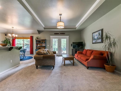 Living area with a raised ceiling, carpet flooring