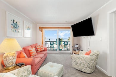 Carpeted living room with baseboards and ornamenta