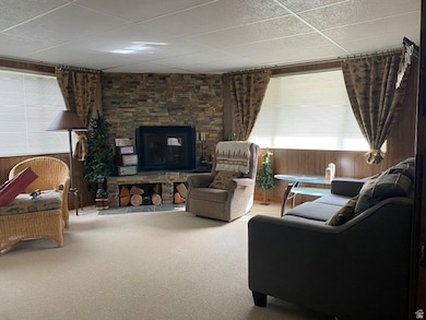 Living room with carpet flooring, a fireplace, a paneled ceiling, and wood walls